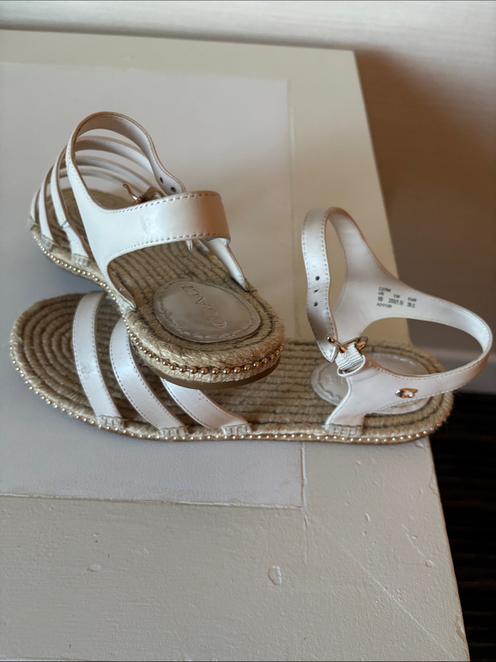 Coach White Leather Espadrille Sandals with Gold Accents - Picture 7 of 9